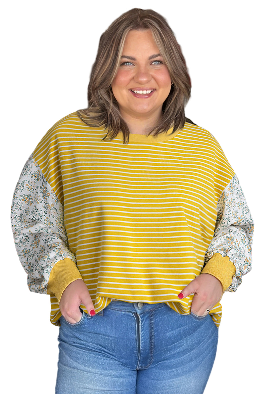 Yellow Striped Floral Patchwork Sleeve Plus Size Loose Top