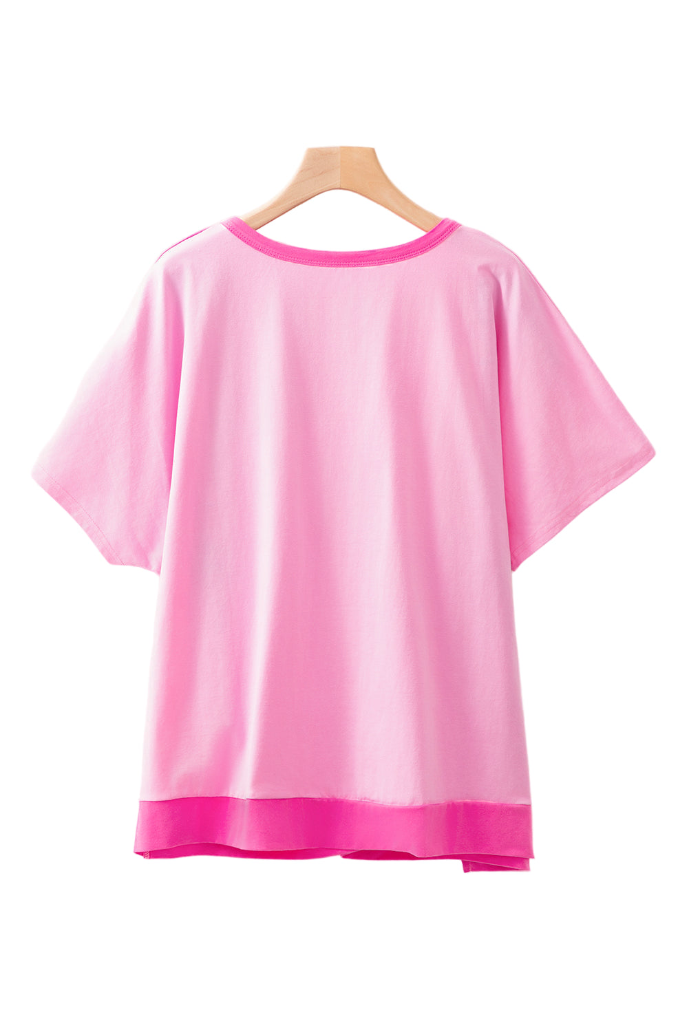 Bright Pink Colorblock Patchwork Short Sleeve Plus Size Henley Top