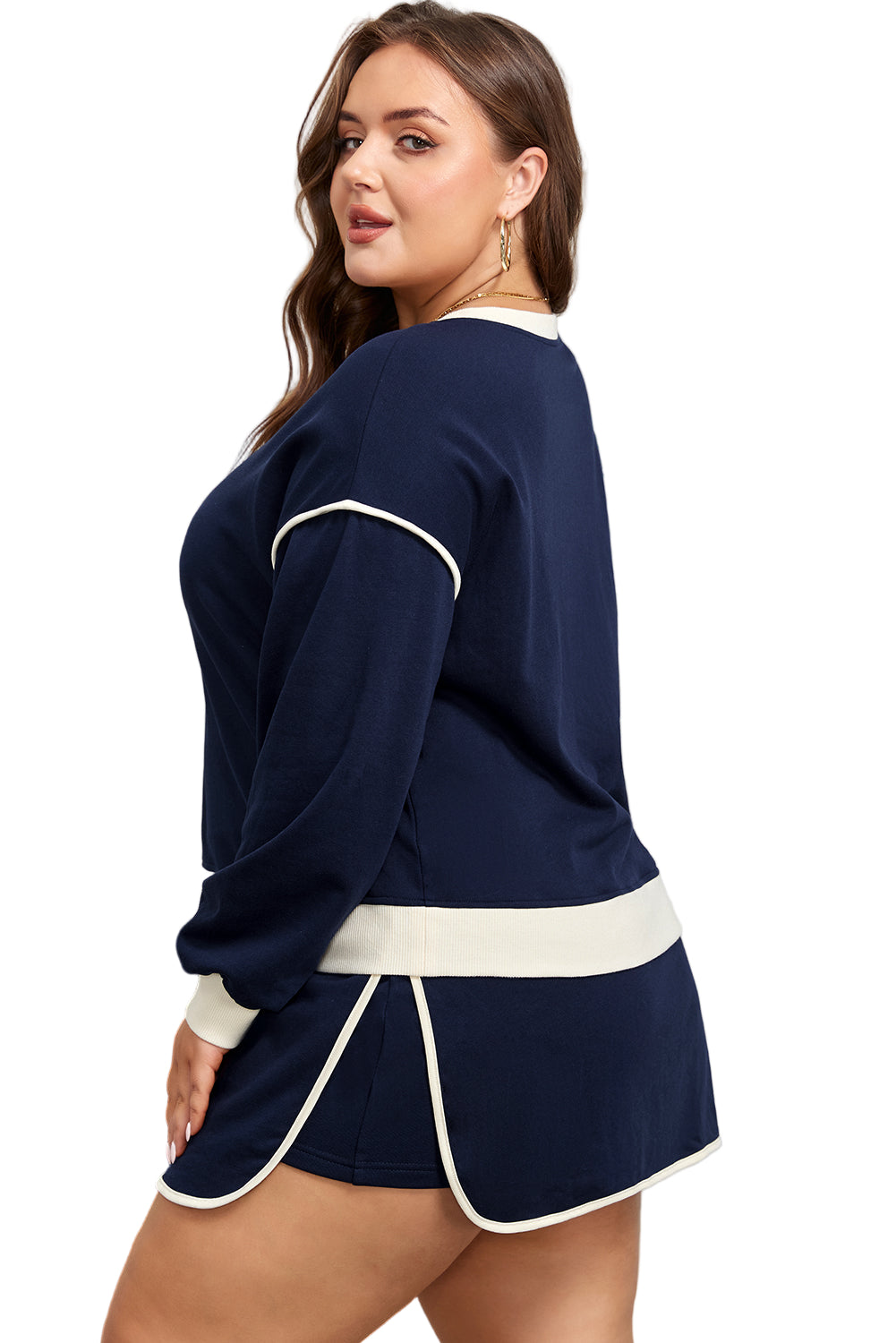 Navy Blue Plus Color Block Drop Shoulder Top and Lace-up Skirt Outfit