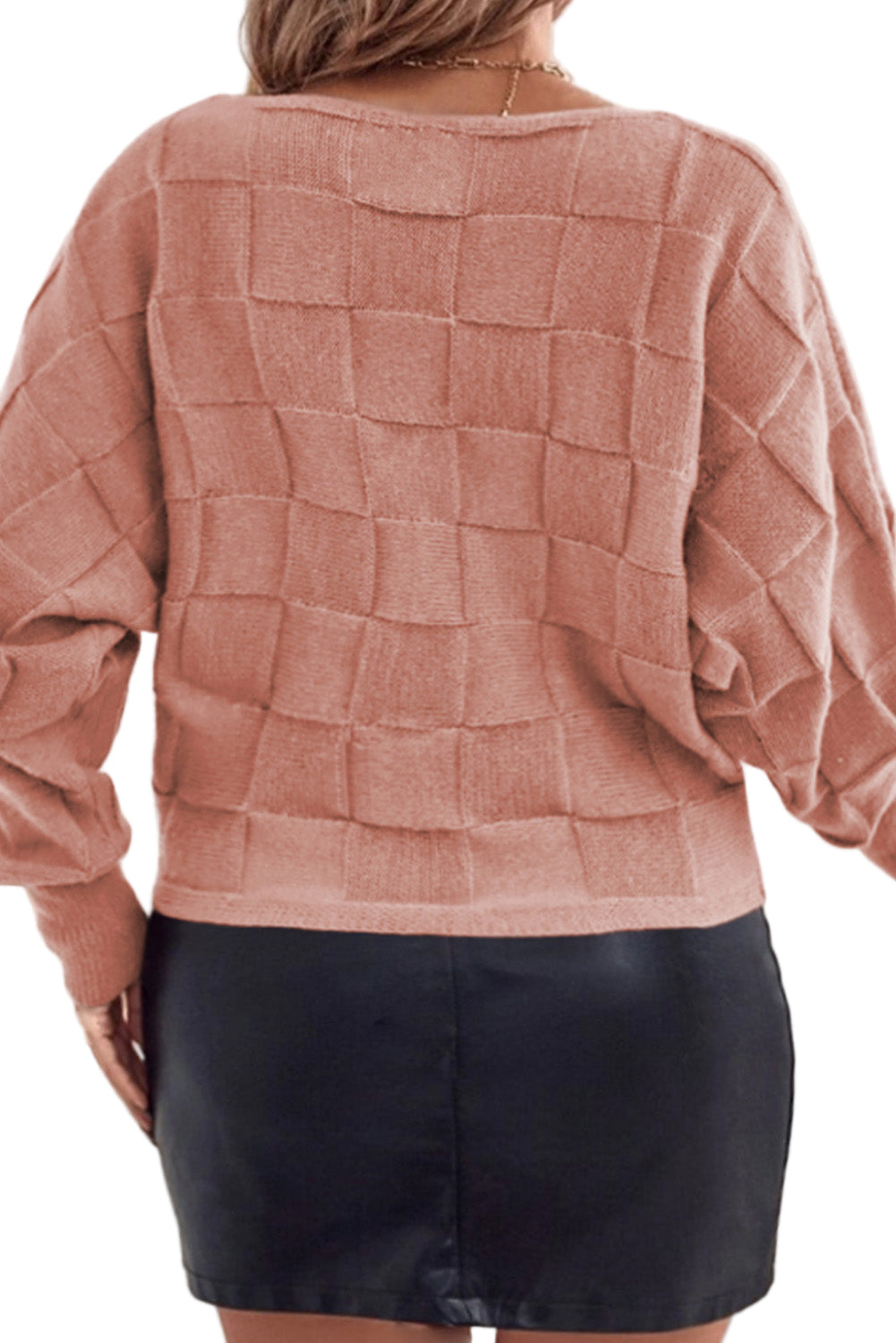 Rose Tan Solid Checkered Textured Knit Plus Size Sweater