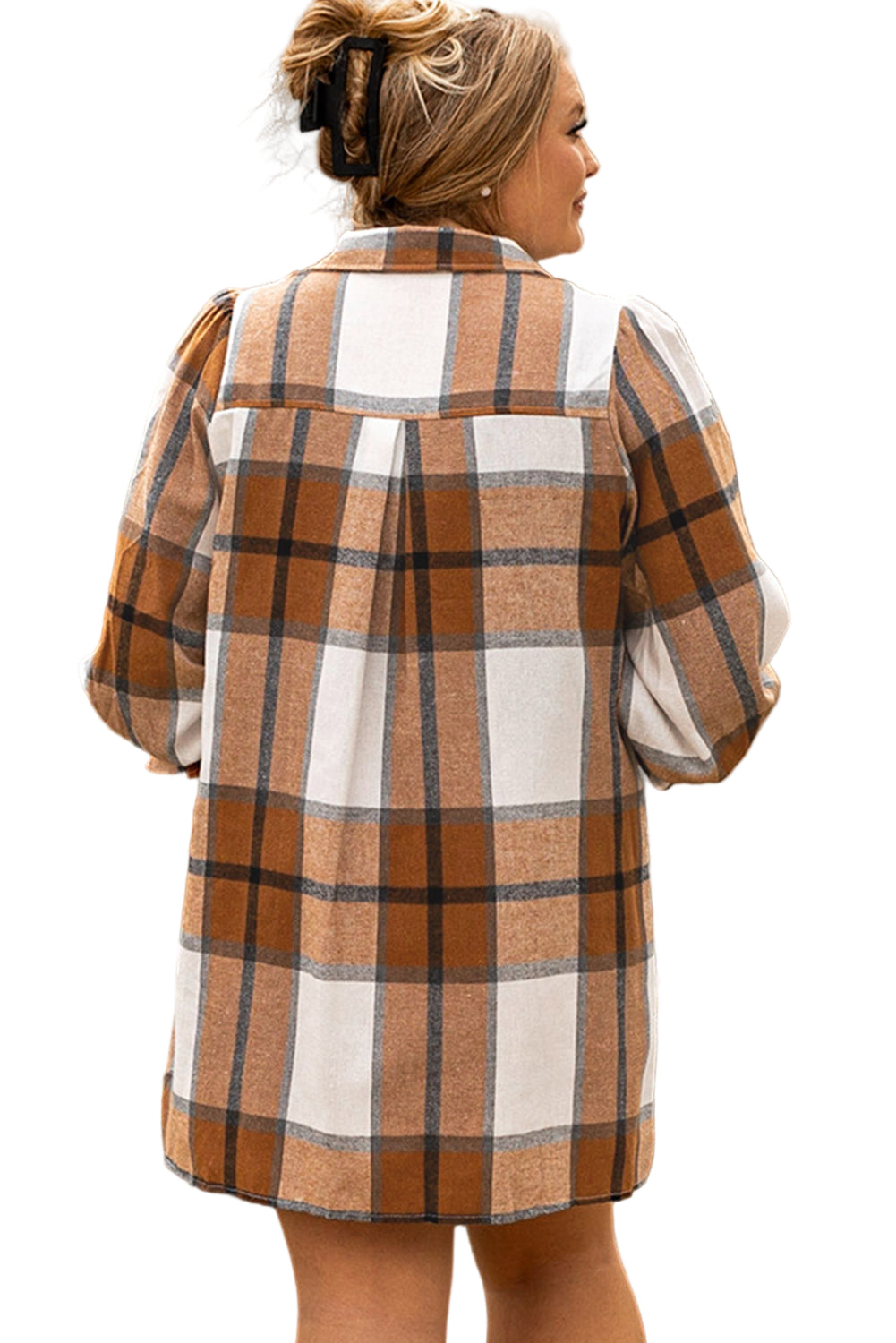 Khaki Plus Size Plaid Flounce Sleeve Button up Shirt Dress