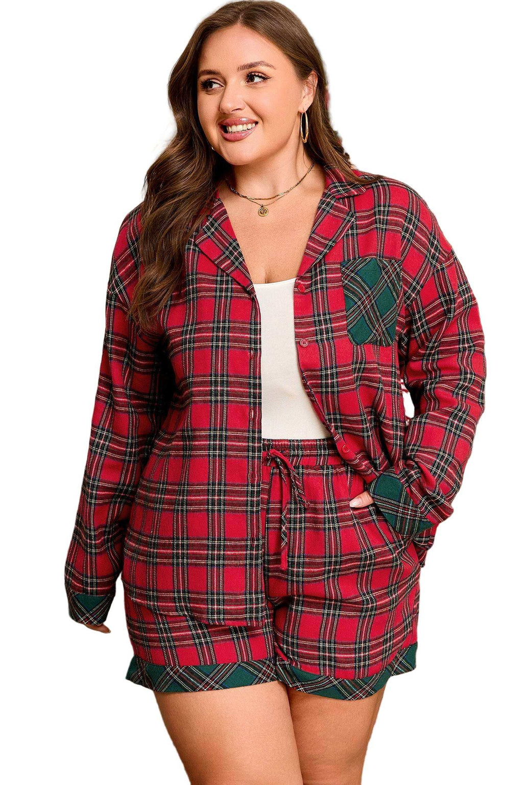 Red Plus Size Plaid Contrast Patchwork Long Sleeve Shirt and Shorts 2pcs Pajama Set