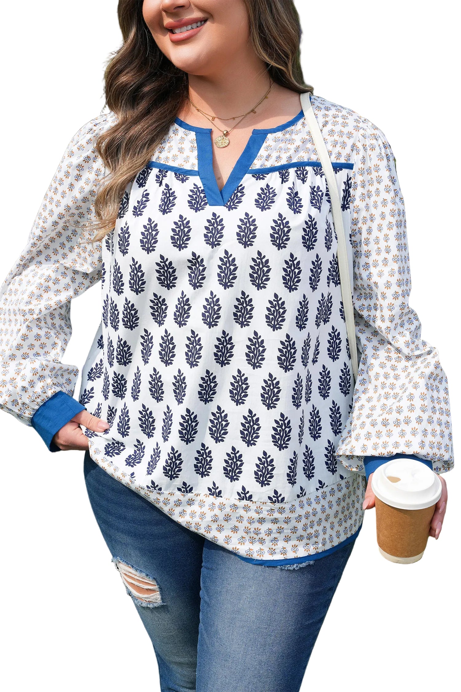 White Plus Size Boho Floral Print Contrast Trim Split Neck Puff Sleeve Patchwork Blouse