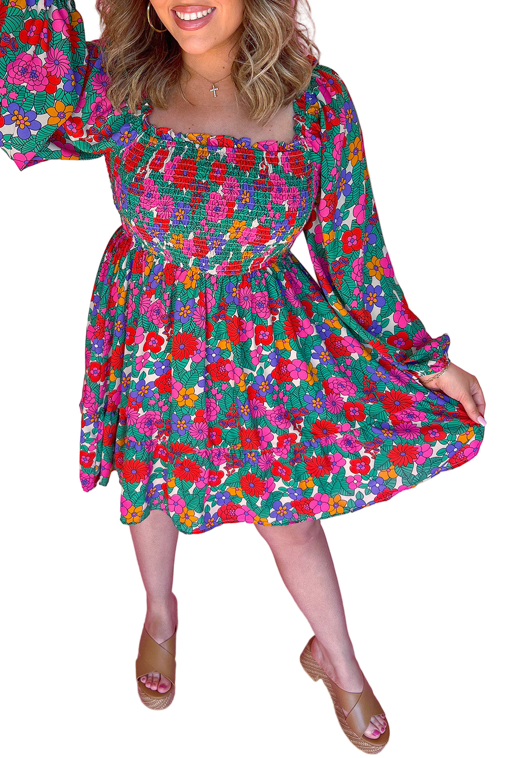 White Plus Size Floral Frilled Square Neck Shirred Long Sleeve Dress