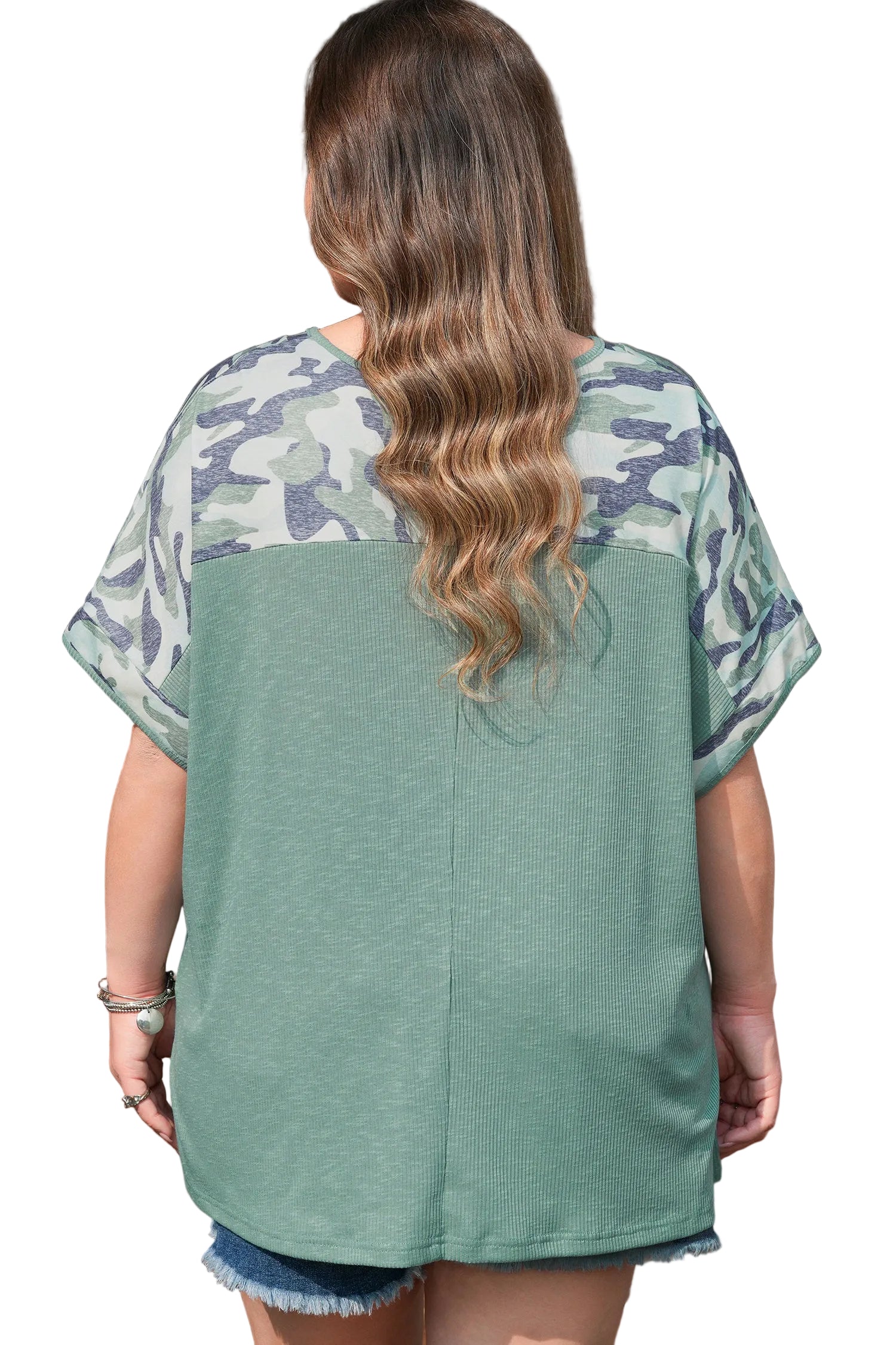 Mist Green Ribbed Camouflage Patchwork Plus Size V Neck Tee