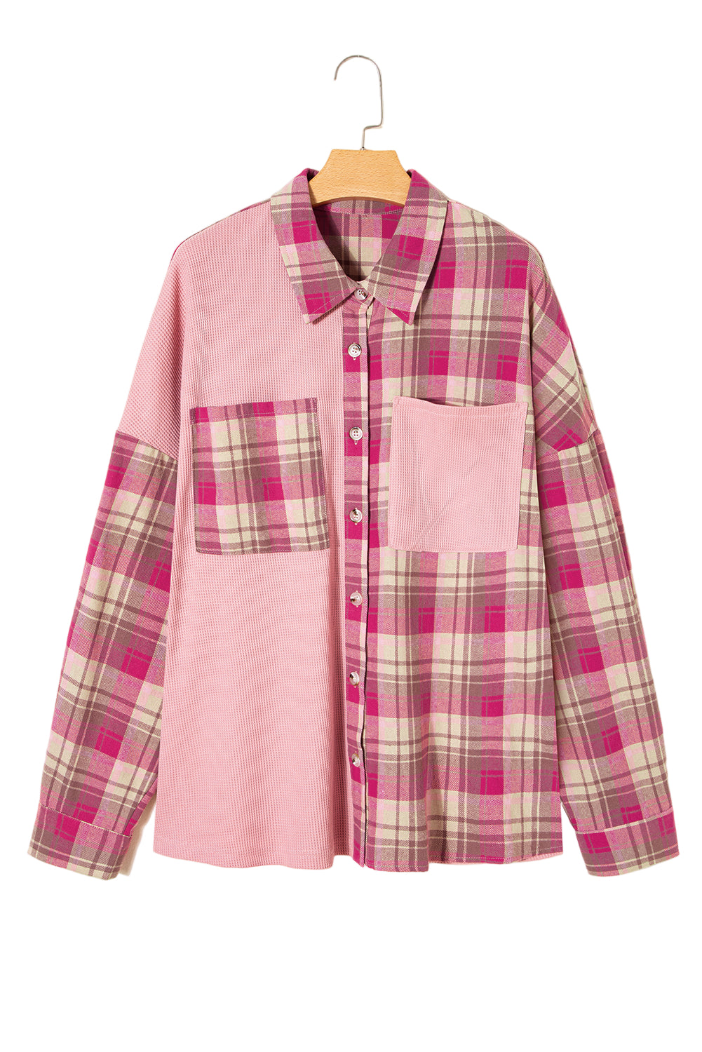 Pink Waffle Patch Pocket Plaid Patchwork Plus Size Shirt