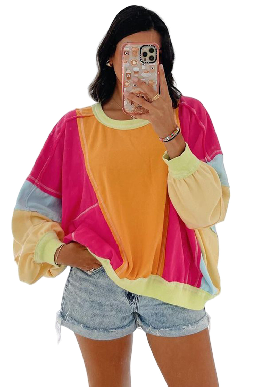 Rose Red Plus Size Colorblock Patchwork Exposed Seam Sweatshirt