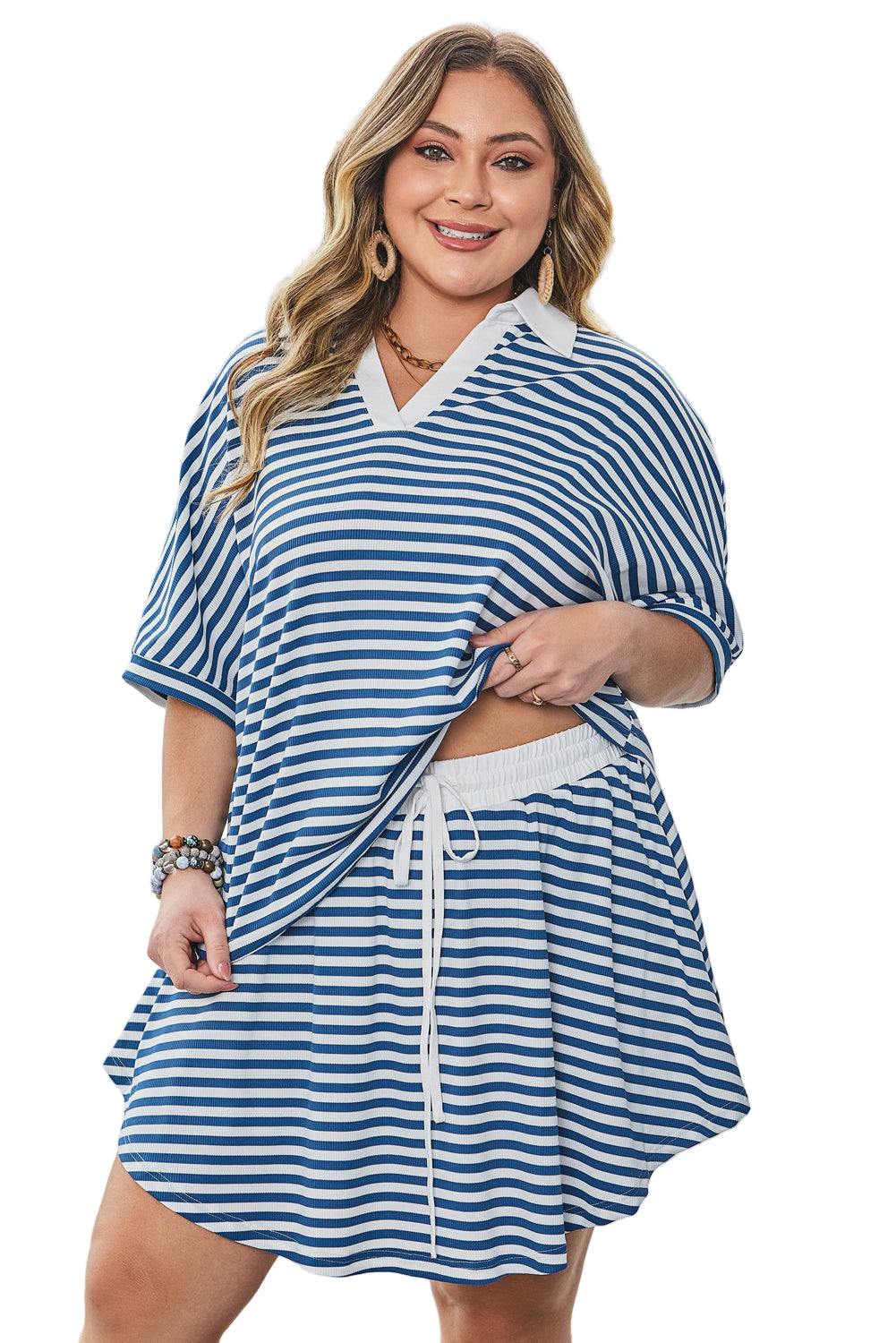 Blue Stripe Short Sleeve Collared V Neck Top Plus Size Short Set