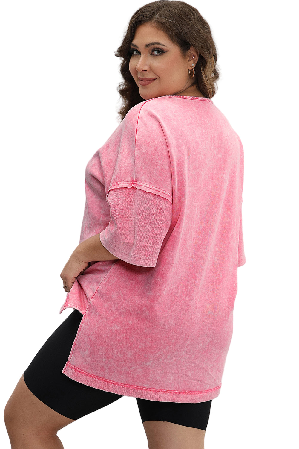 Light Grey Mineral Wash Drop Sleeve Patchwork Plus Size Tee