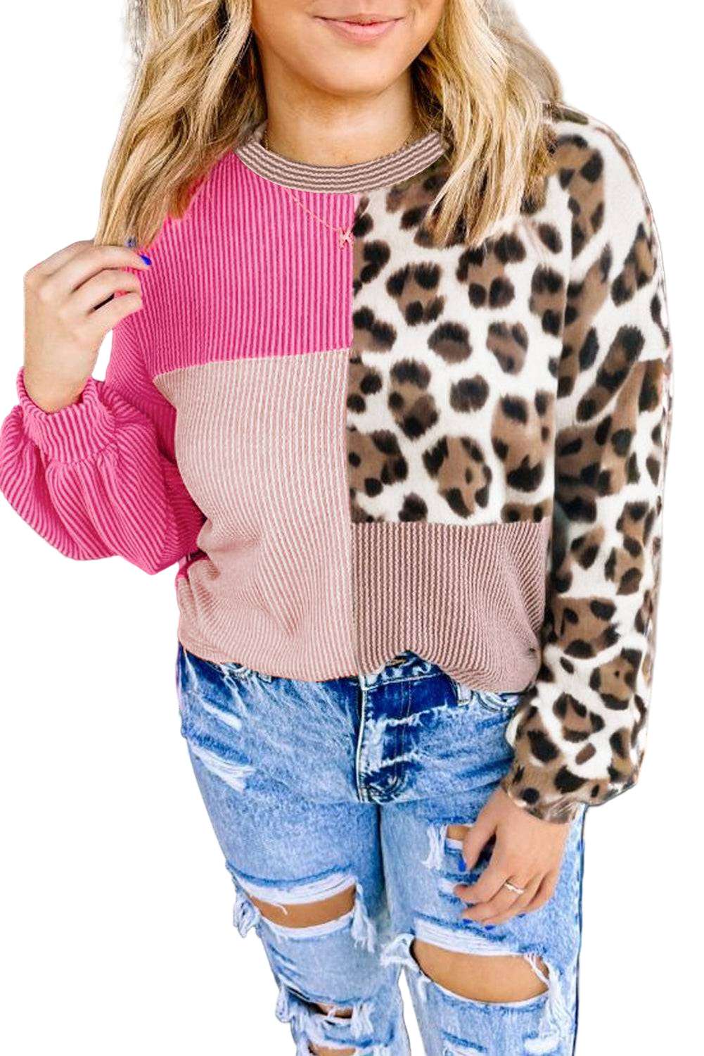 Rose Red Plus Size Twisted Ribbed Color Block Leopard Patchwork Long Sleeve Top