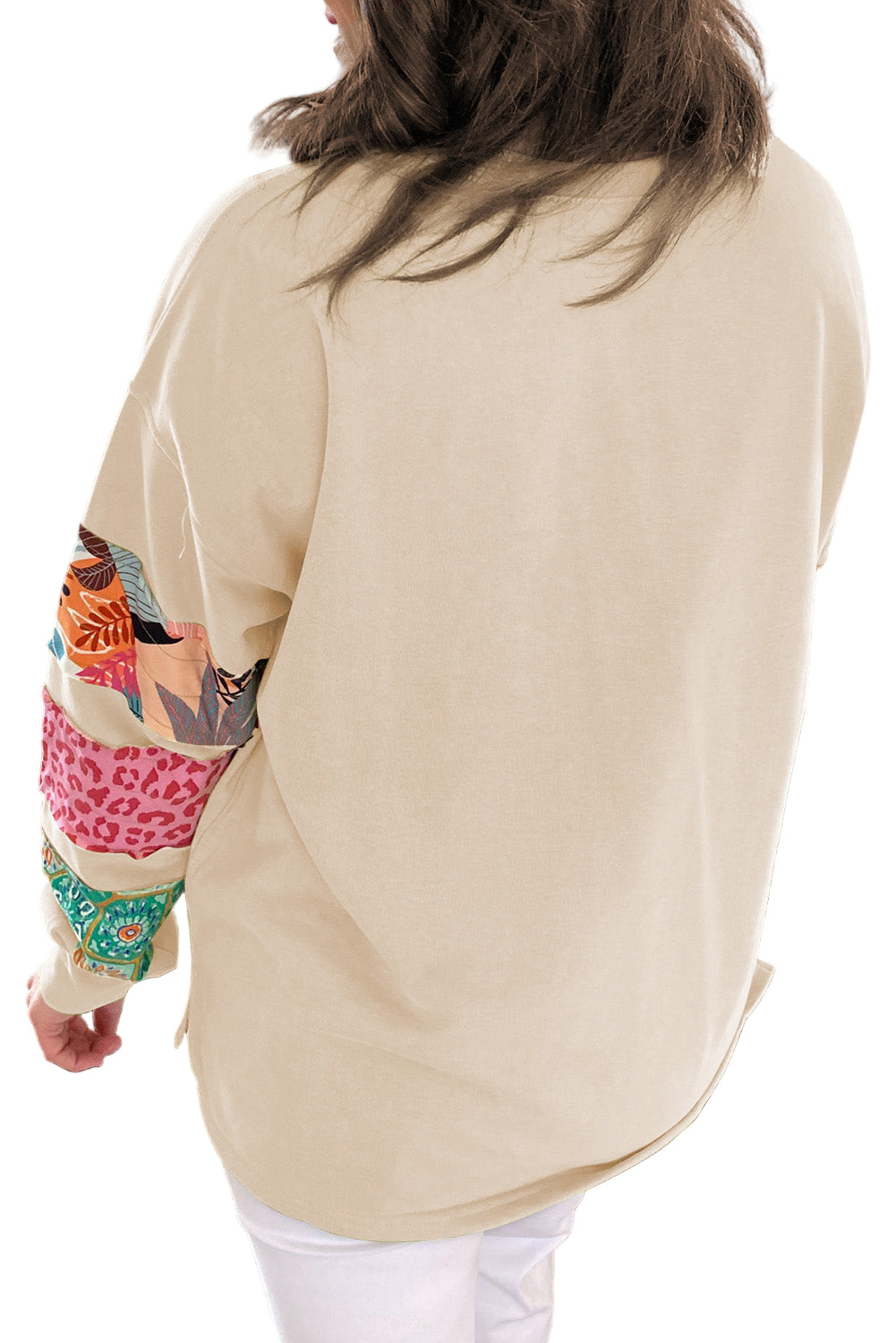 Green Plus Size Printed Patchwork Sleeve Split Sweatshirt