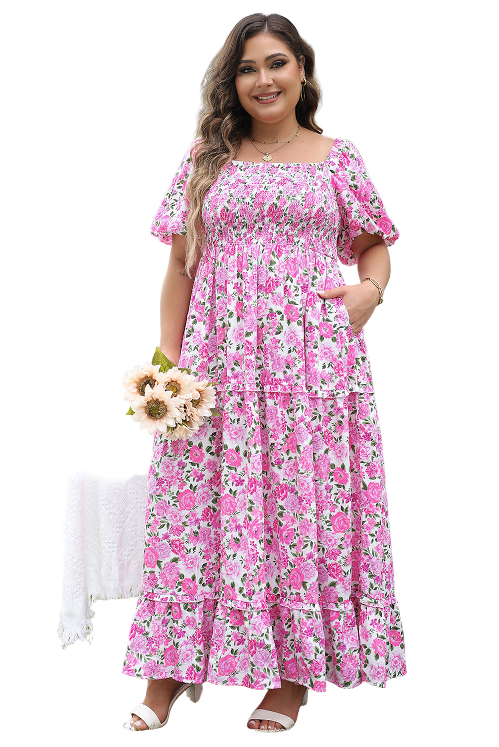 Pink Plus Size Floral Print Smocked Puff Sleeve Dress
