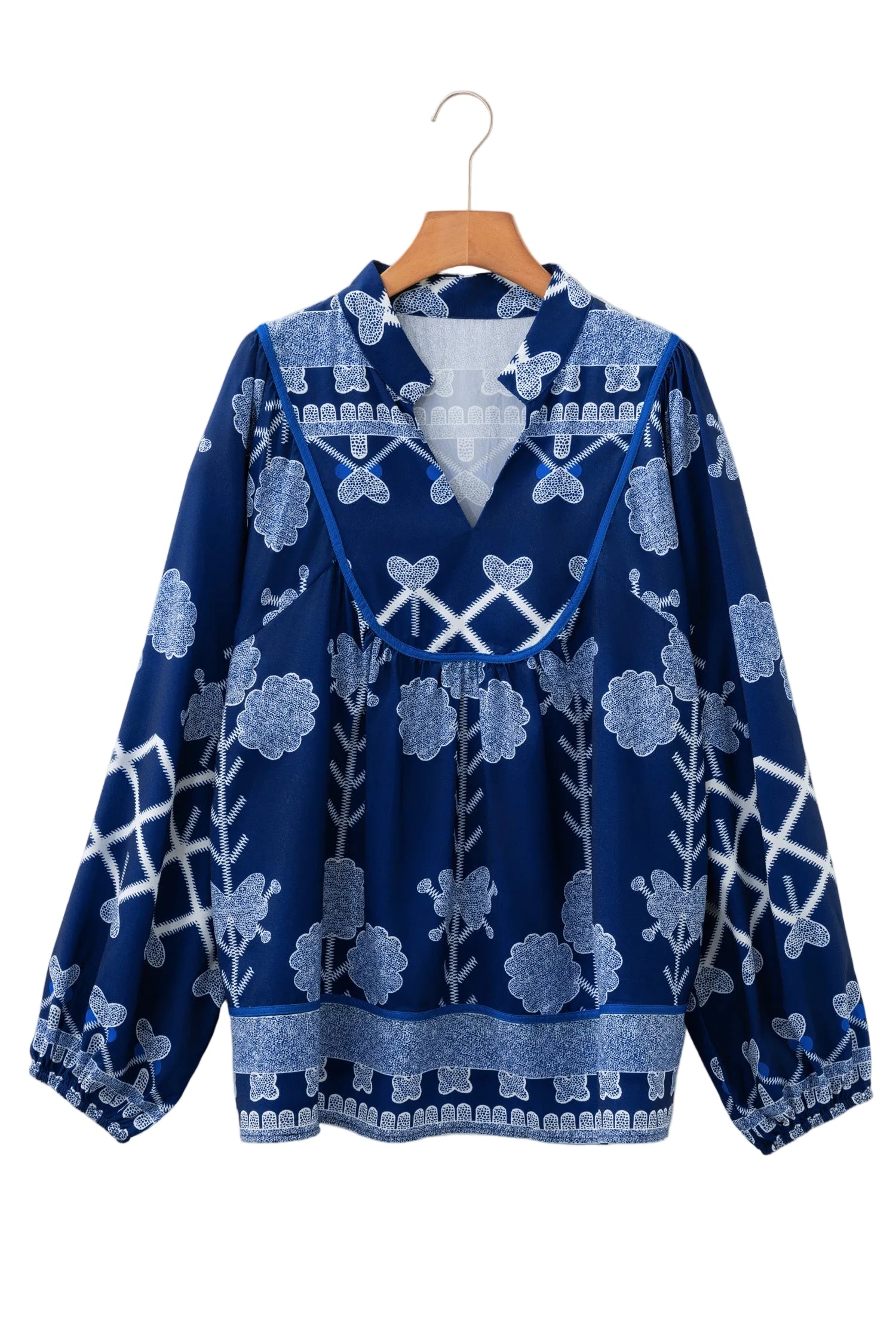 Blue Plus Size Floral Printed Notched Neck Long Sleeve Blouse