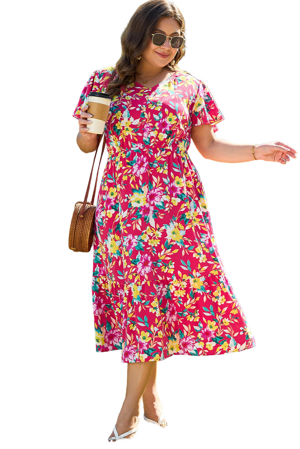 Pink Floral Print V Neck Pocketed High Waist Plus Size Midi Dress