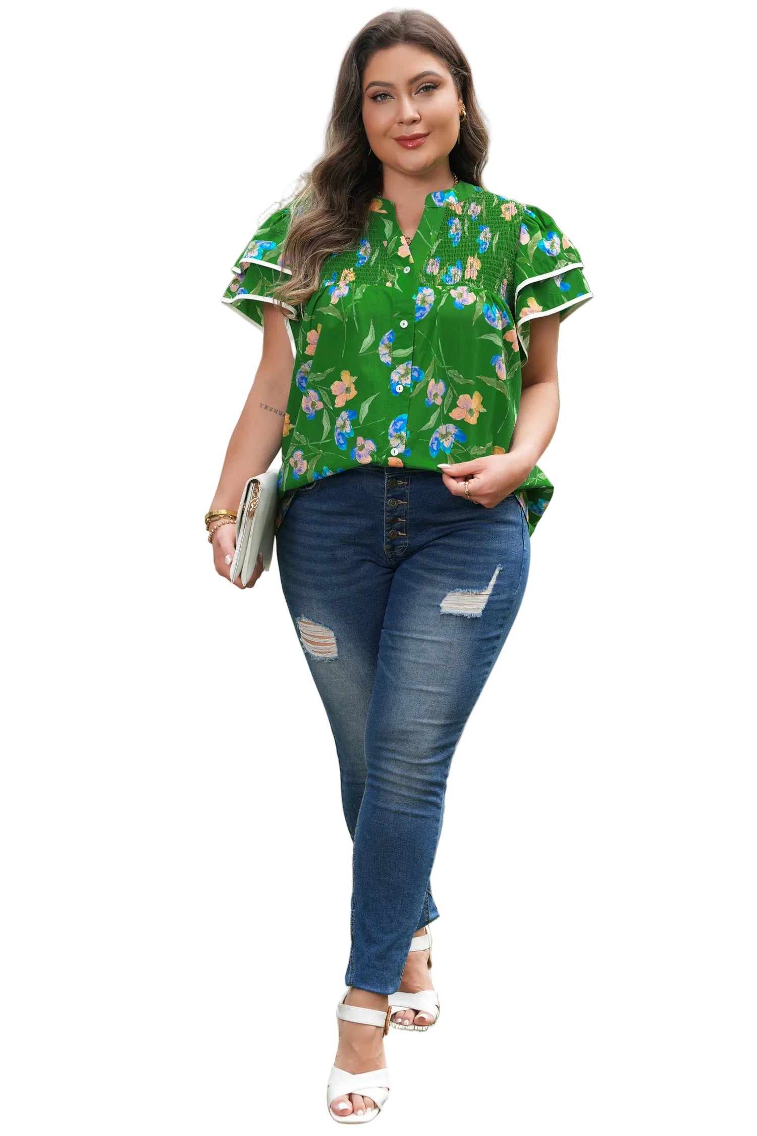 Green Plus Size Ruffled Short Sleeve Floral Top