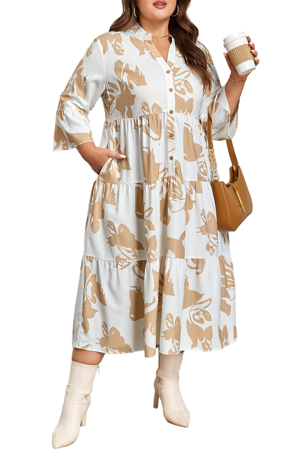 Khaki Patterned Ruffled Sleeve Half Placket Tiered A-line Plus Size Long Dress