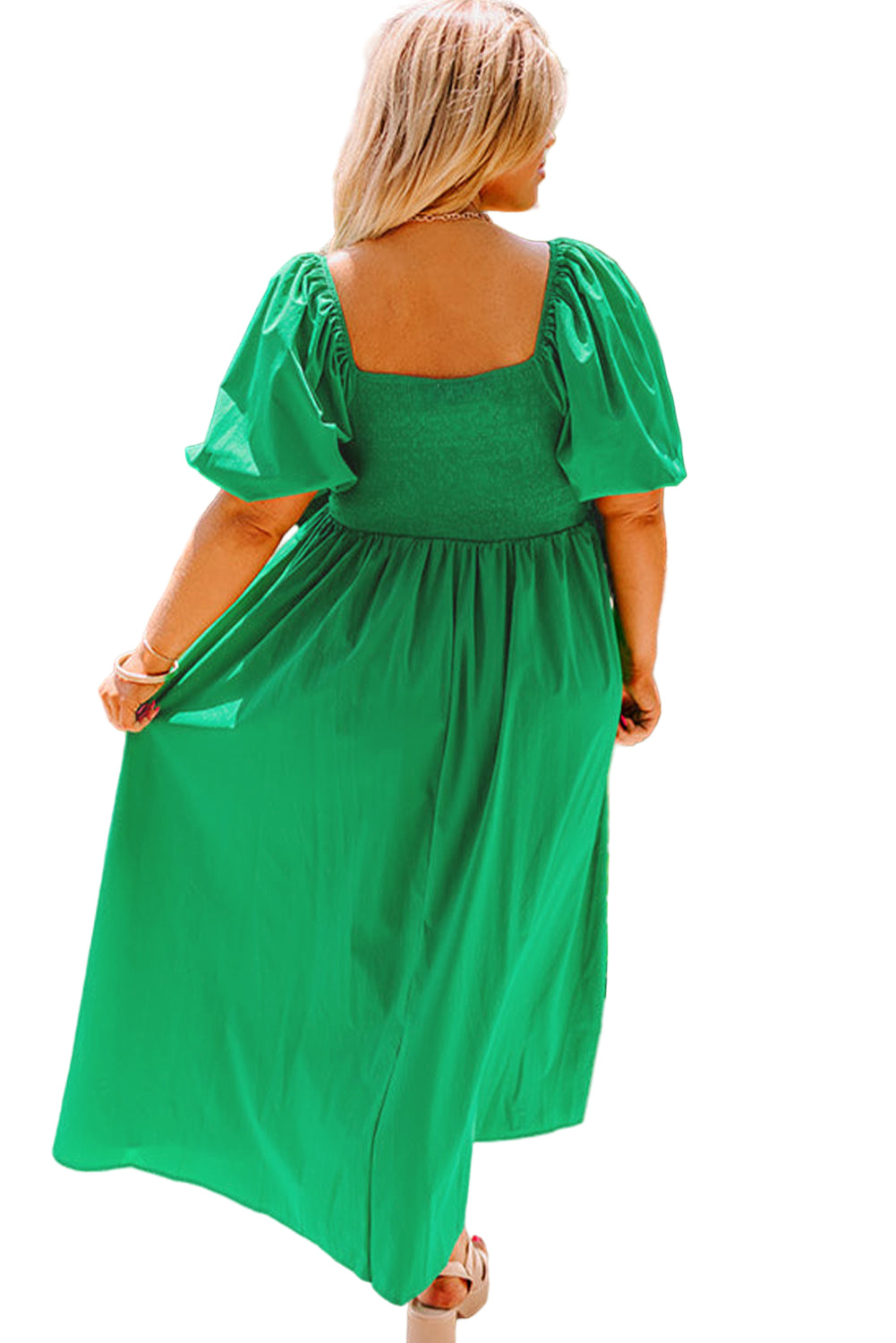 Bright Green Ruched Front Puff Sleeve Plus Size Long Dress