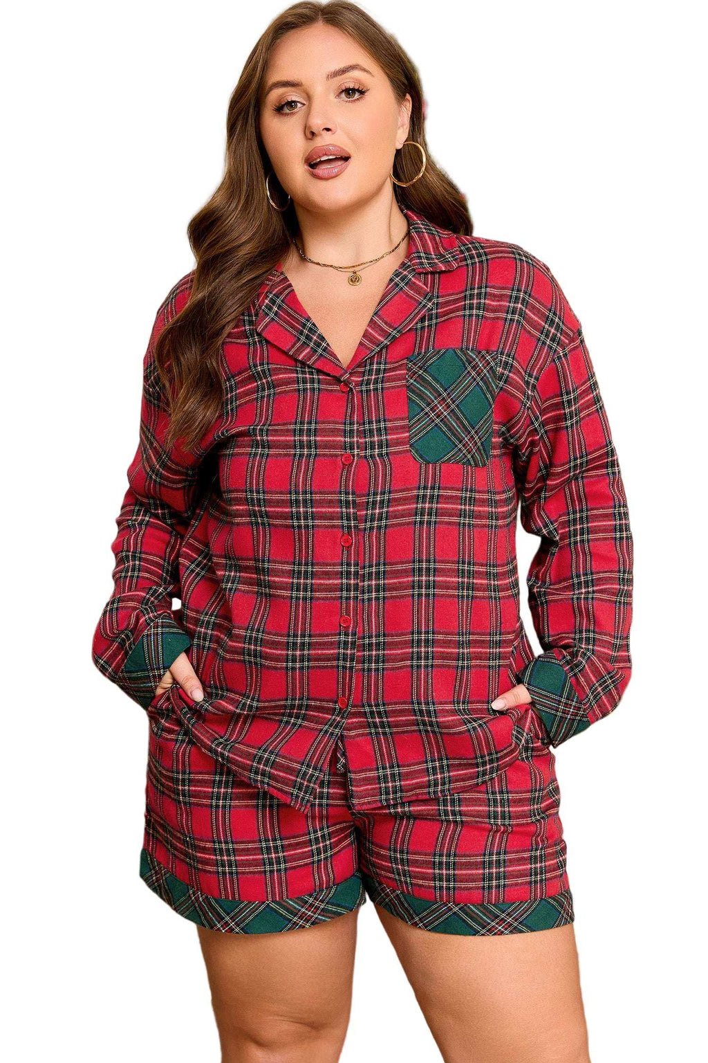 Red Plus Size Plaid Contrast Patchwork Long Sleeve Shirt and Shorts 2pcs Pajama Set