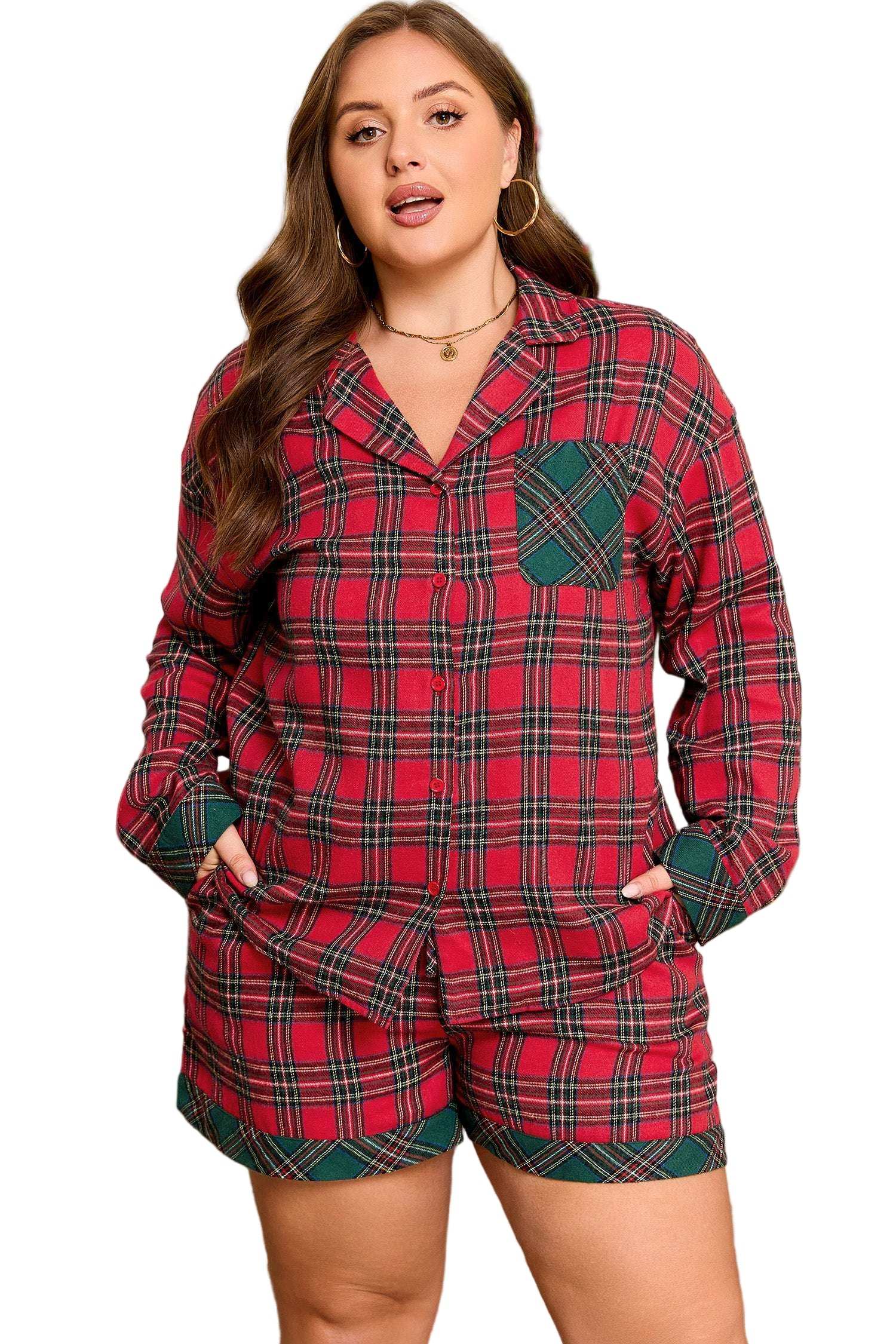 Red Plus Size Plaid Contrast Patchwork Long Sleeve Shirt and Shorts 2pcs Pajama Set