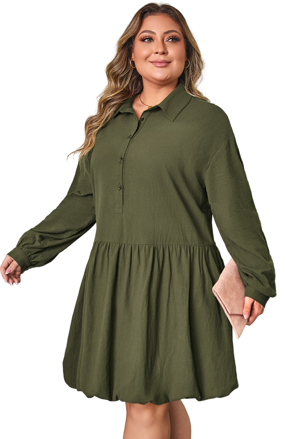 Four Leaf Clover Plus Size Collar Half Button Long Sleeve Ruffle Hem Mini Dress