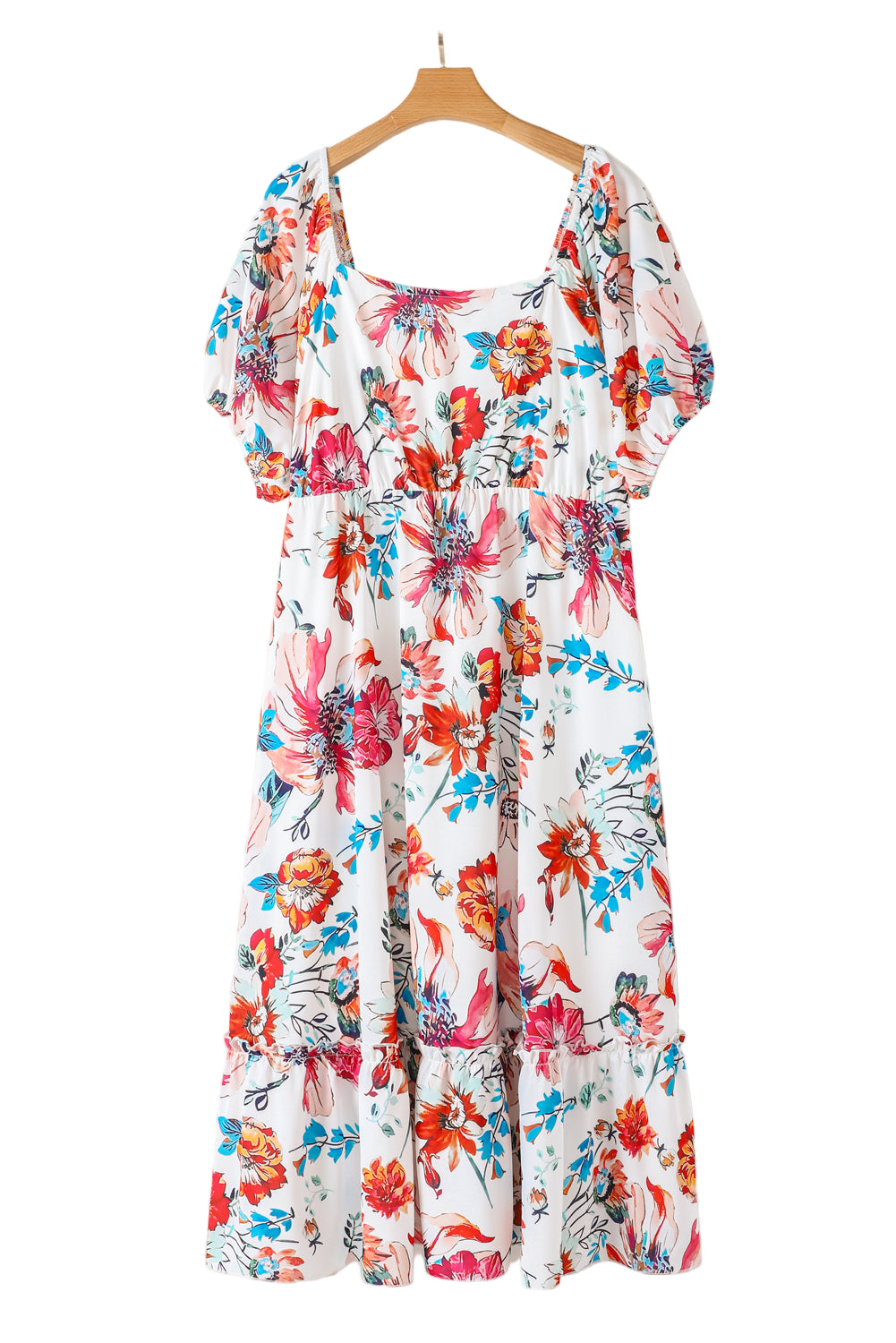 White Floral Square Neck Puff Sleeve Flowy Plus Size Midi Dress