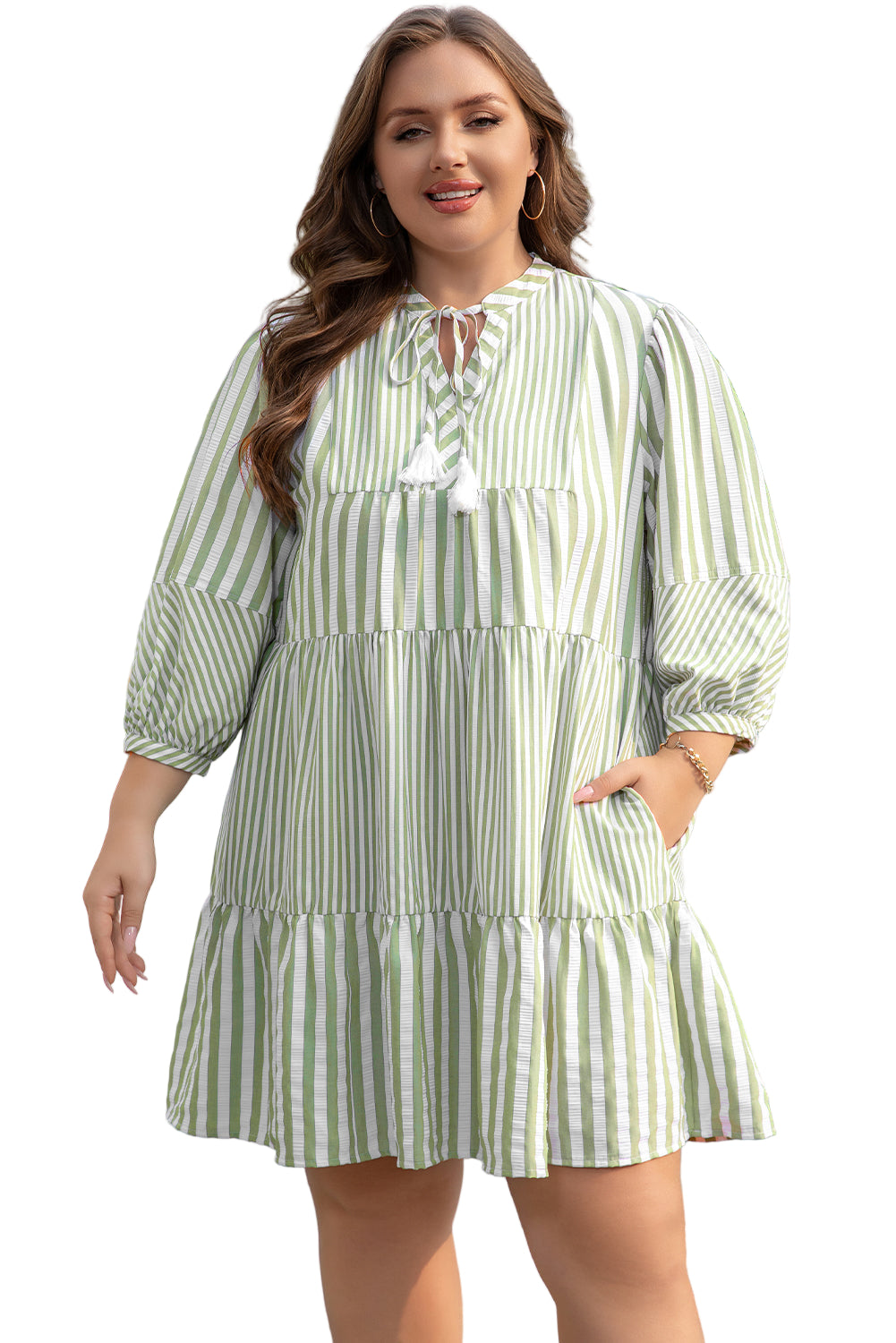 Green Stripe Bracelet Sleeve Tasseled Tied Neck Tiered Plus Size Mini Dress