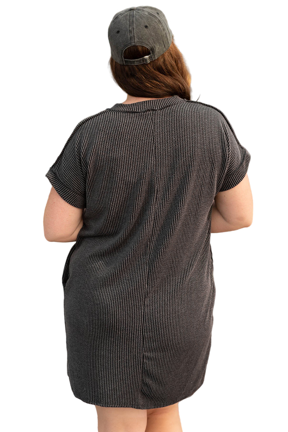 Carbon Grey Corded V Neck Plus Size T Shirt Dress with Pockets