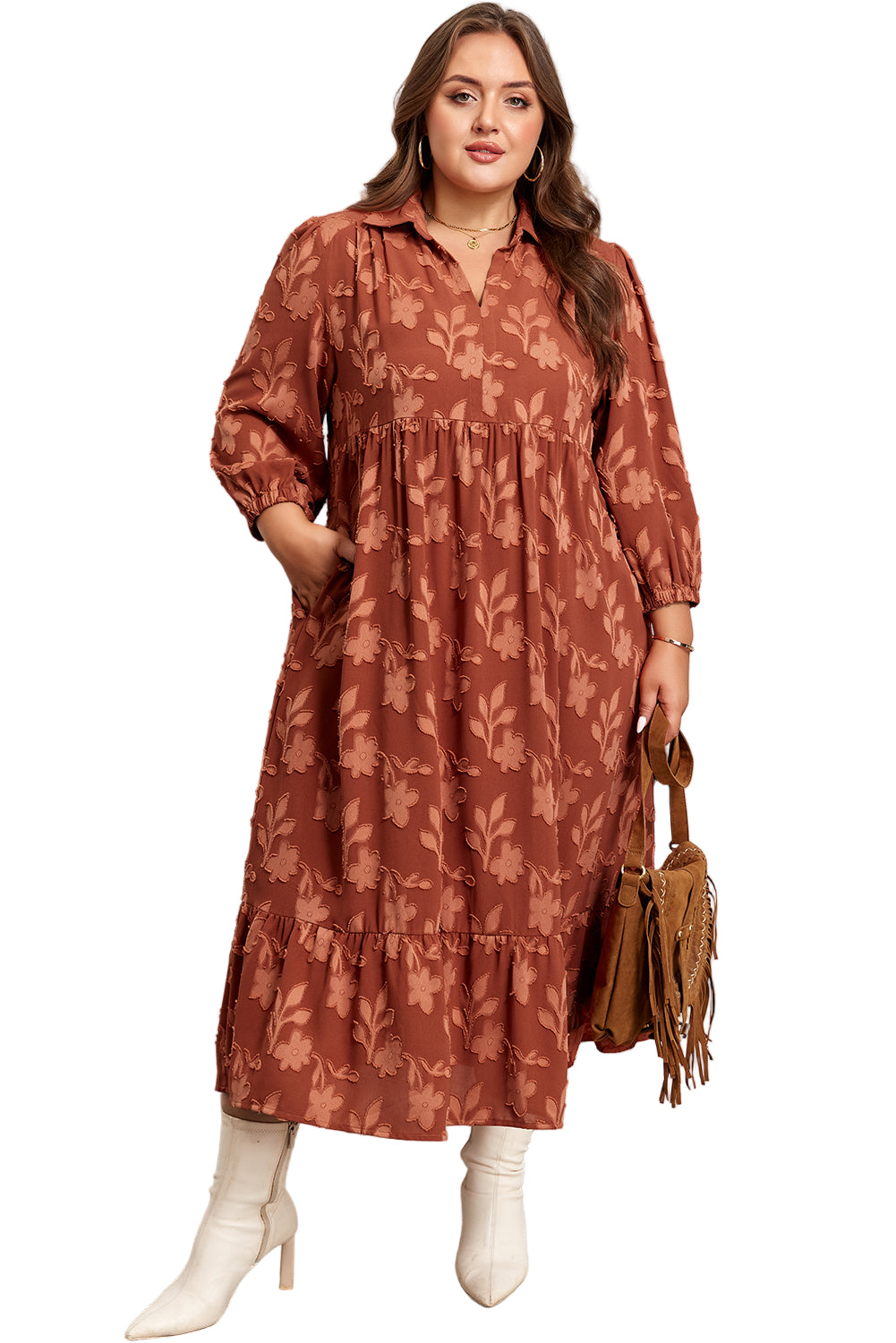 Cinnamon Plus Size Textured 3D Flower Pattern Ruffle Hem 3/4 Sleeve Long Dress