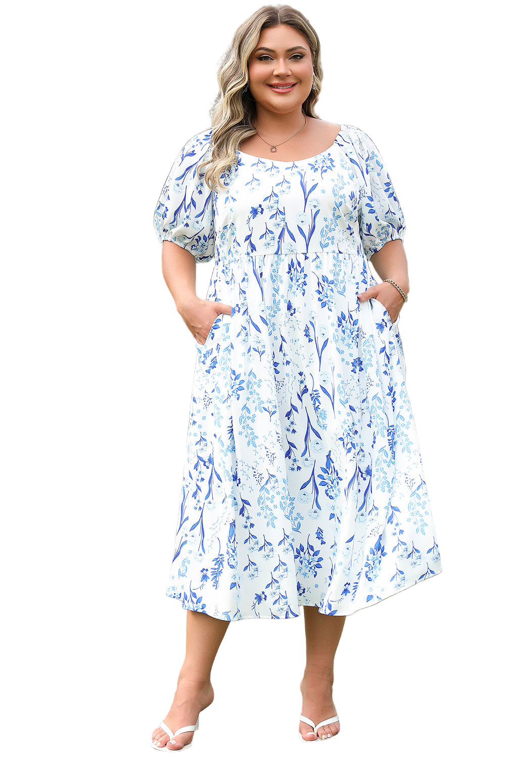 Sky Blue Floral Print Sweetheart Neck Plus Size Midi Dress