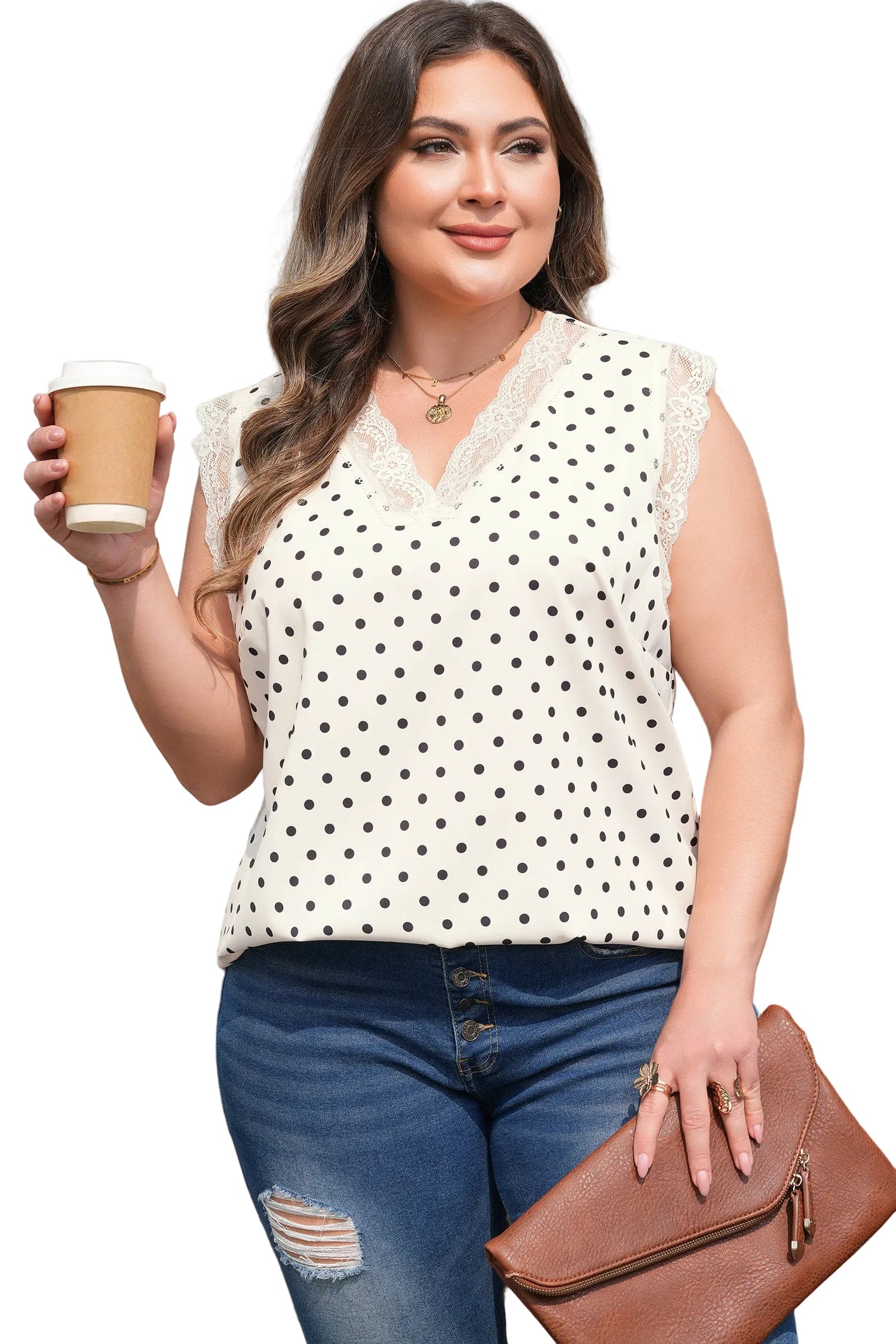 Apricot Plus Size Polka Dot Print Lace Trim V Neck Sleeveless Top