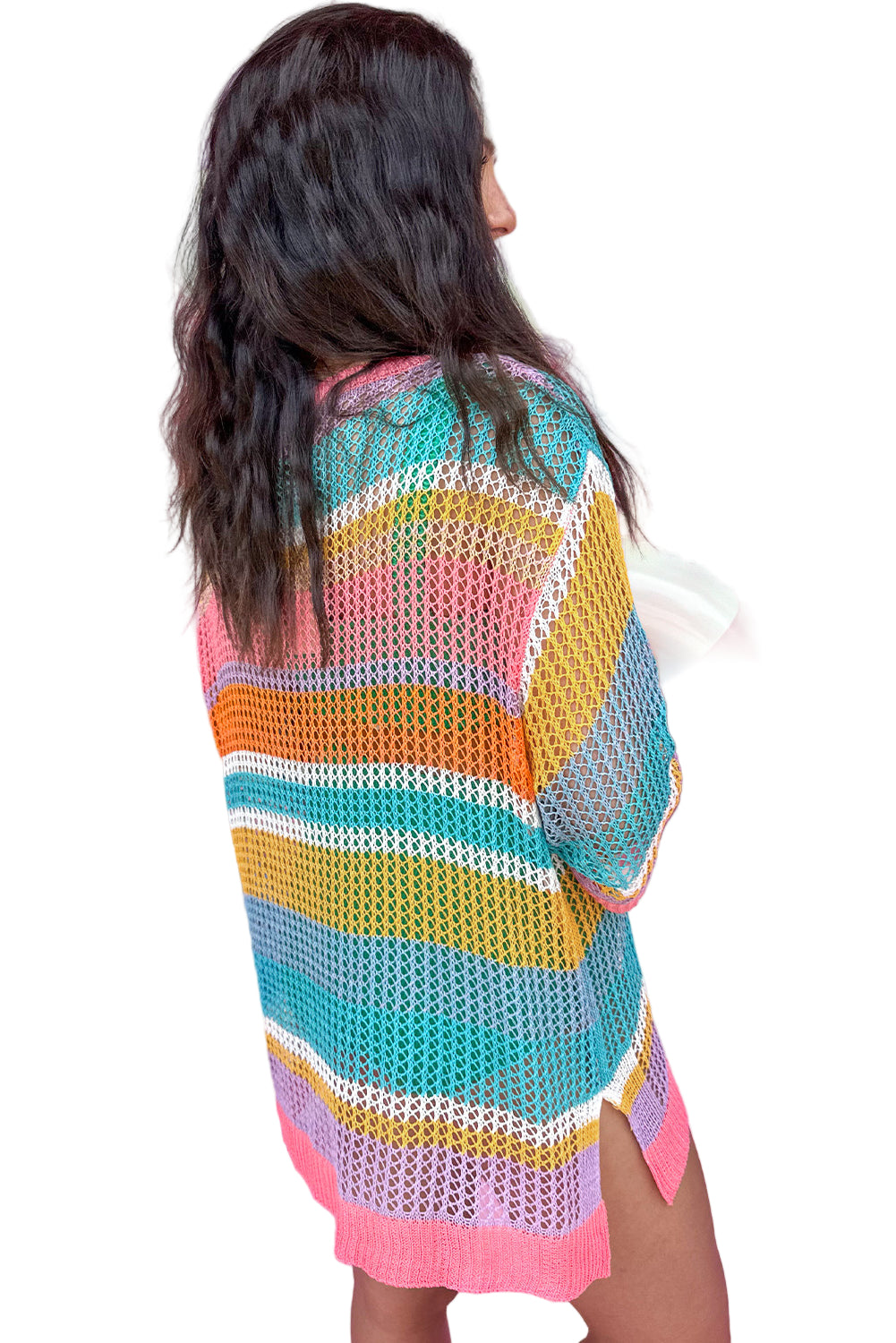 Pink Stripe Plus Size Open Knit Patch Pocket Short Sleeve Sweater