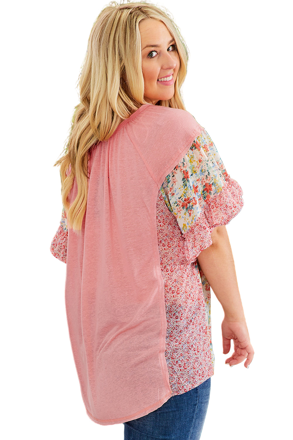Pink Plus Size Floral Patchwork Ruffle Short Sleeve Blouse