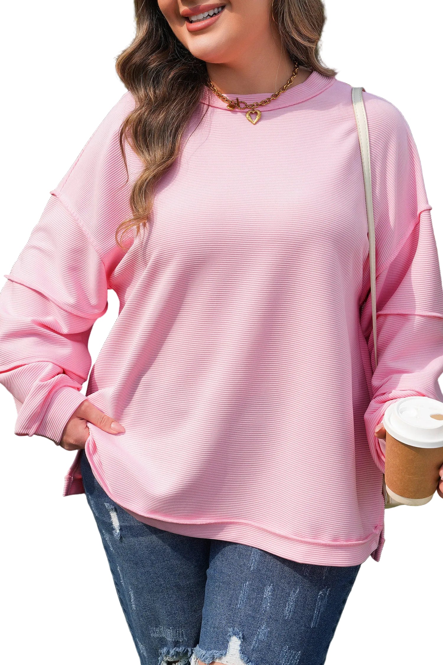 Pink Drop Shoulder Long Sleeve Plus Size Ribbed Top