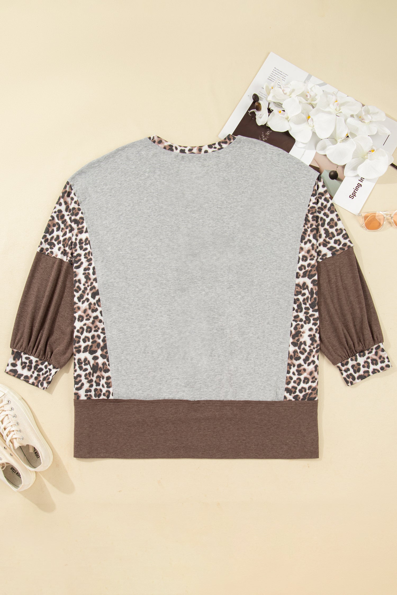 Gray Plus Size Leopard Color Block Patchwork Dolman Sweatshirt