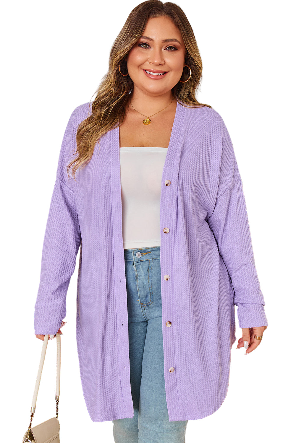 Orchid Petal Plus Size Waffle Knit Button Front Cardigan