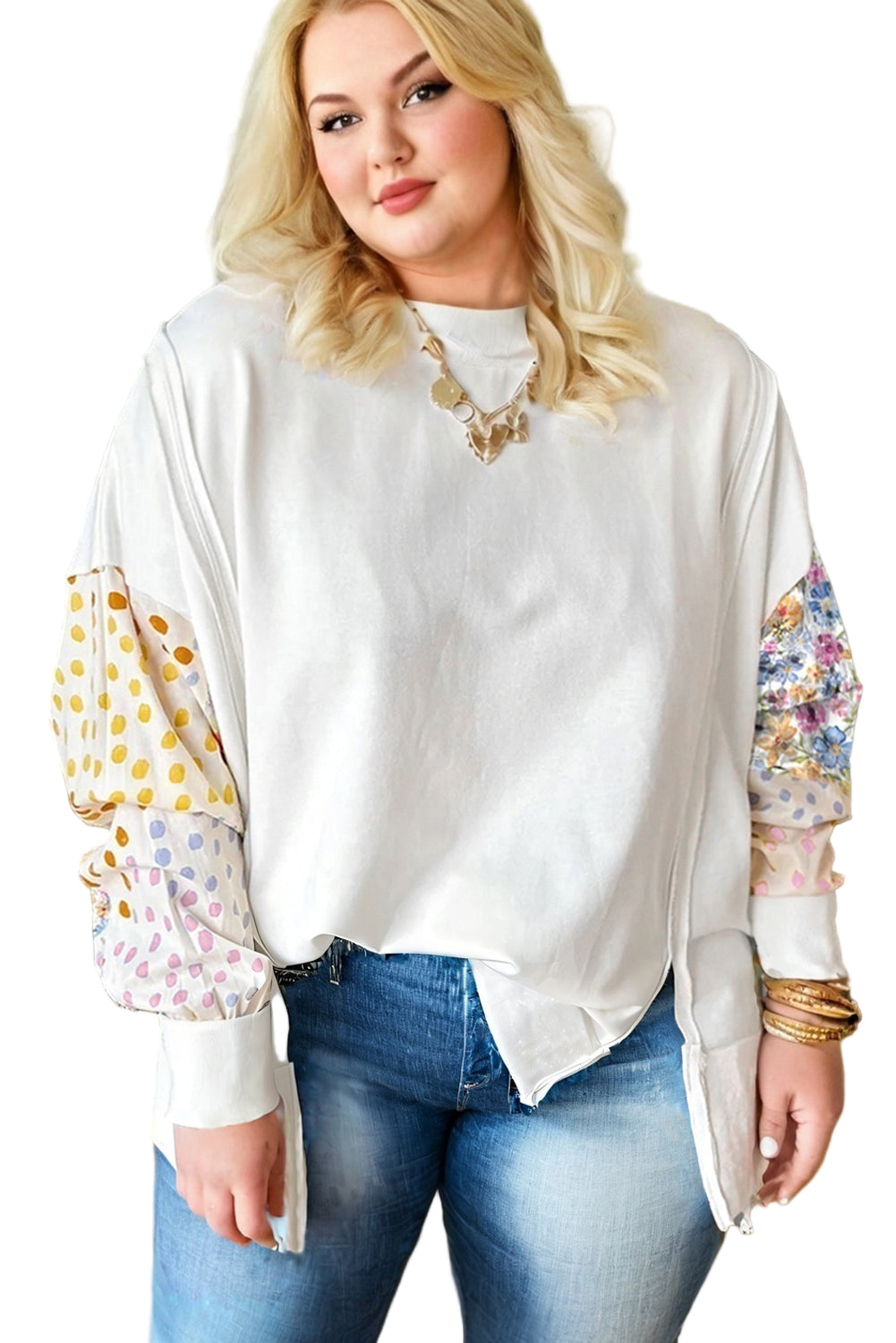 White Plus Size Exposed Seam Detail Contrast Dot Floral Patchwork Sleeve Sweatshirt