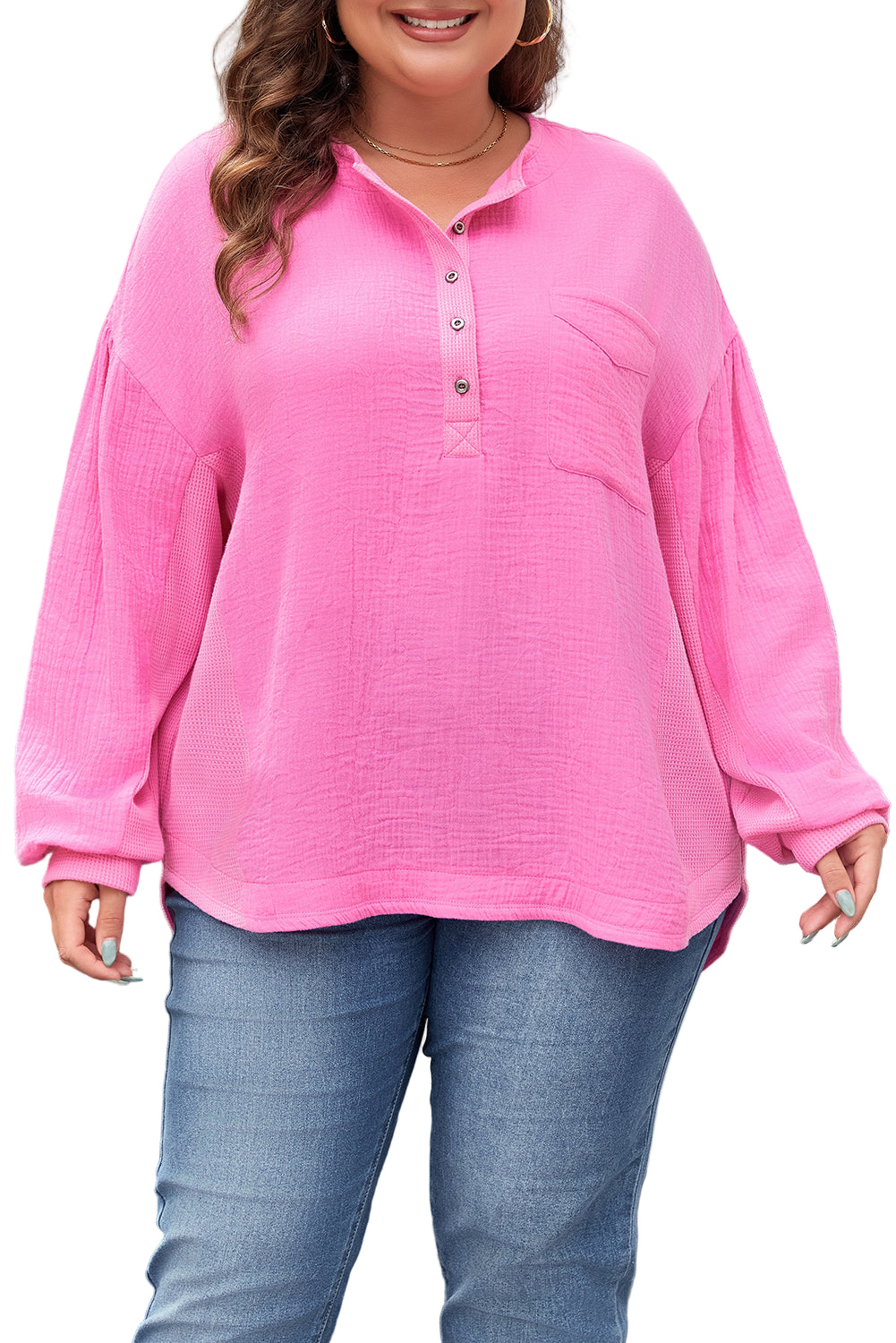 Bonbon Chest Pocket Crinkle Drop Sleeve Plus Size Henley Top
