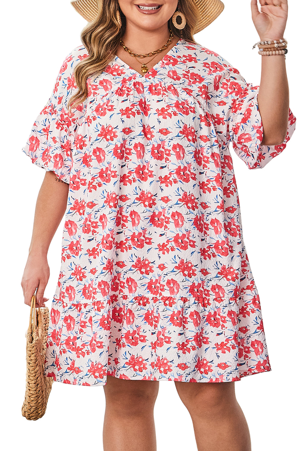 Red Floral Ruffled Half Sleeve V Neck Plus Size Dress