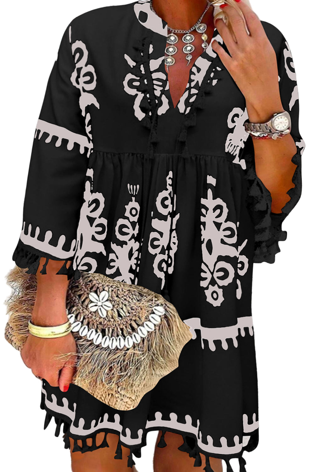 Black Plus Size Western Floral Print Fringed V Neck Dress