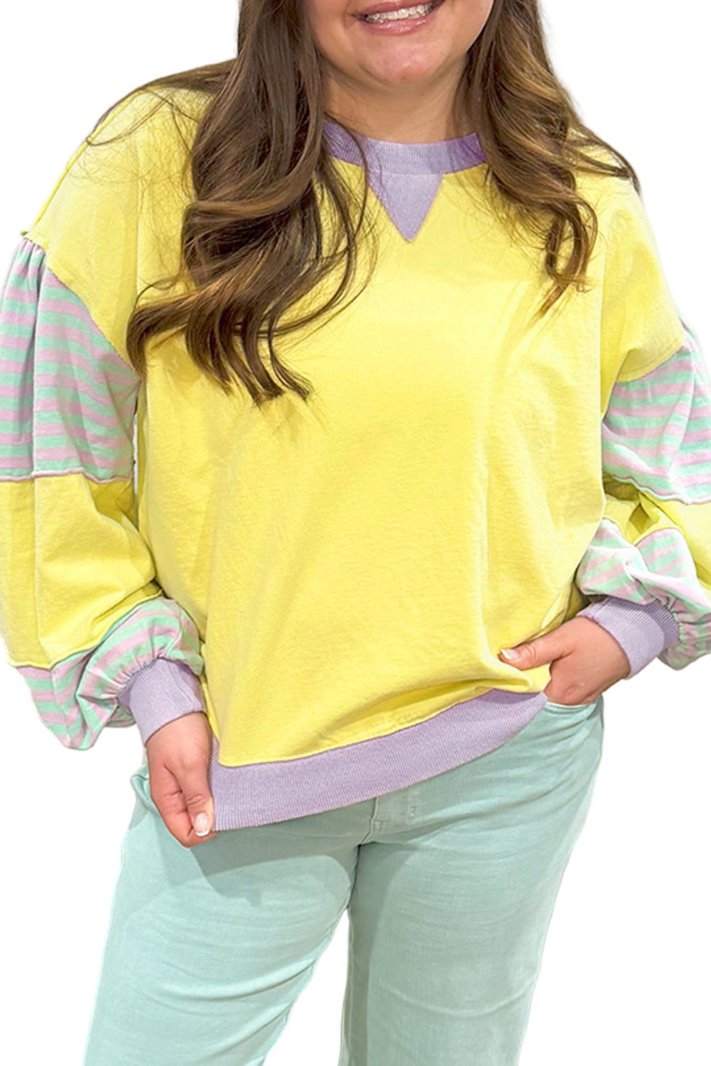 Yellow Striped Colorblock Patchwork Plus Size Pullover Sweatshirt
