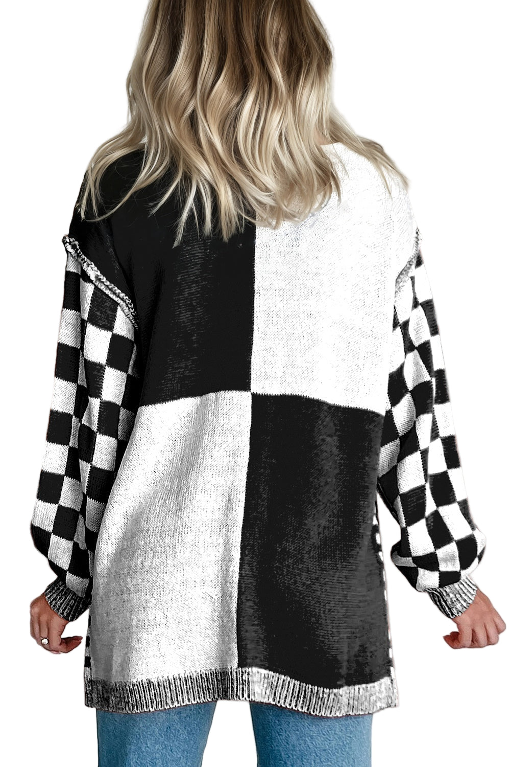 Orange Plus Size Checkered Bubble Sleeve Drop Shoulder Open Cardigan