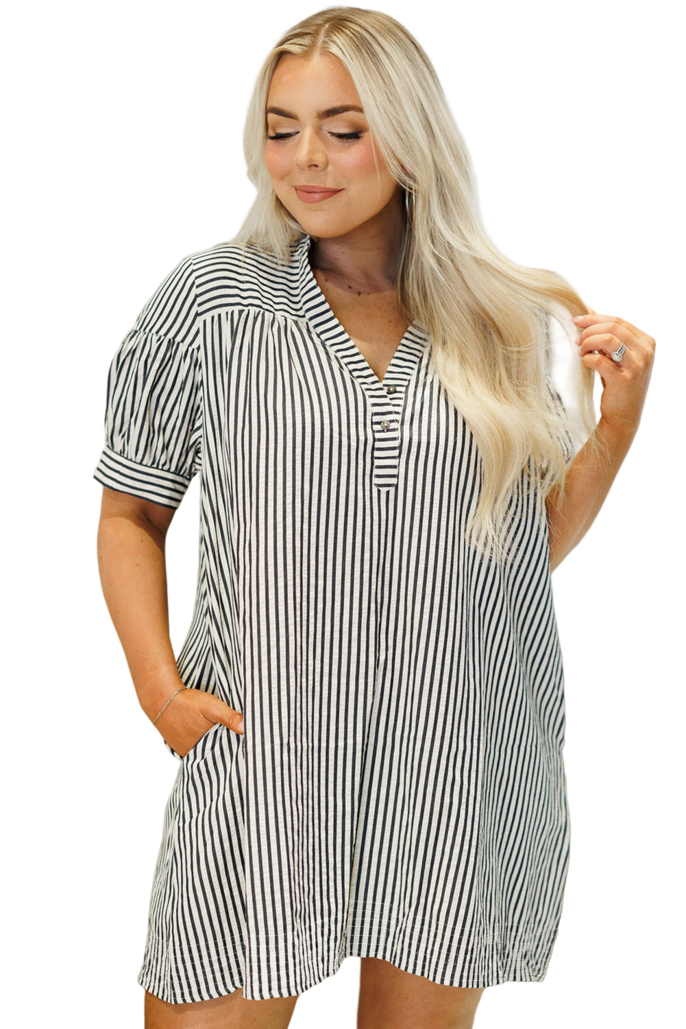 Black Stripe Short Sleeve Buttoned V Neck Pocketed Plus Size Mini Dress