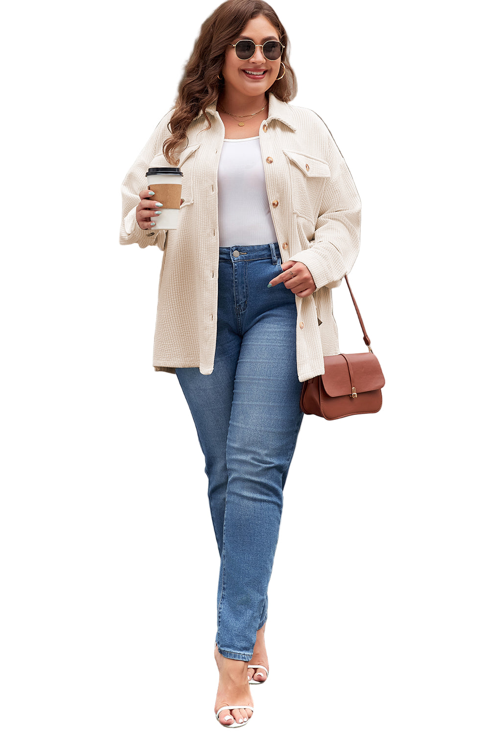 Oatmeal Textured Flap Pockets Buttoned Plus Size Shacket