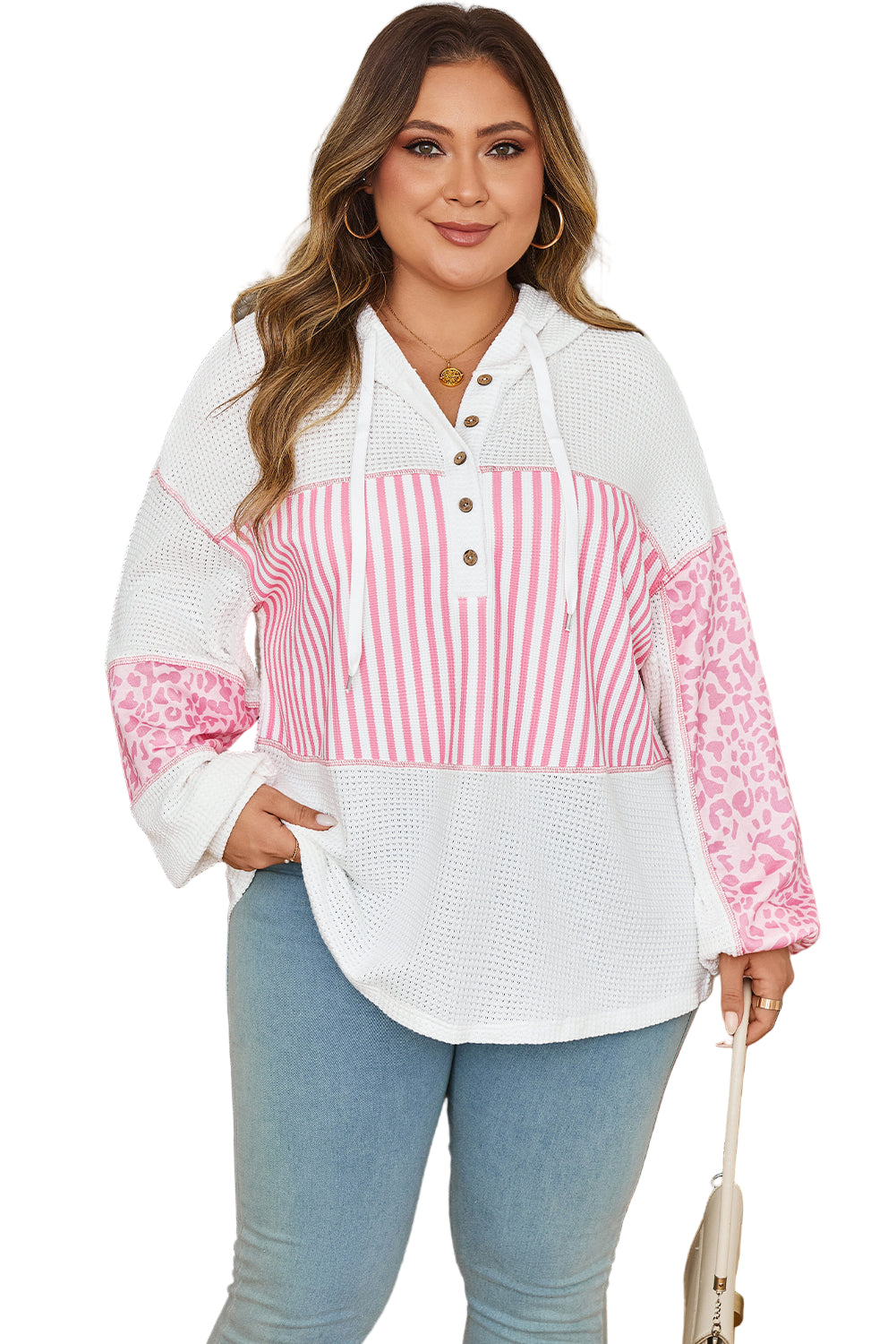 Pink Stripe Leopard Patchwork Waffle Knit Buttoned Plus Size Hoodie