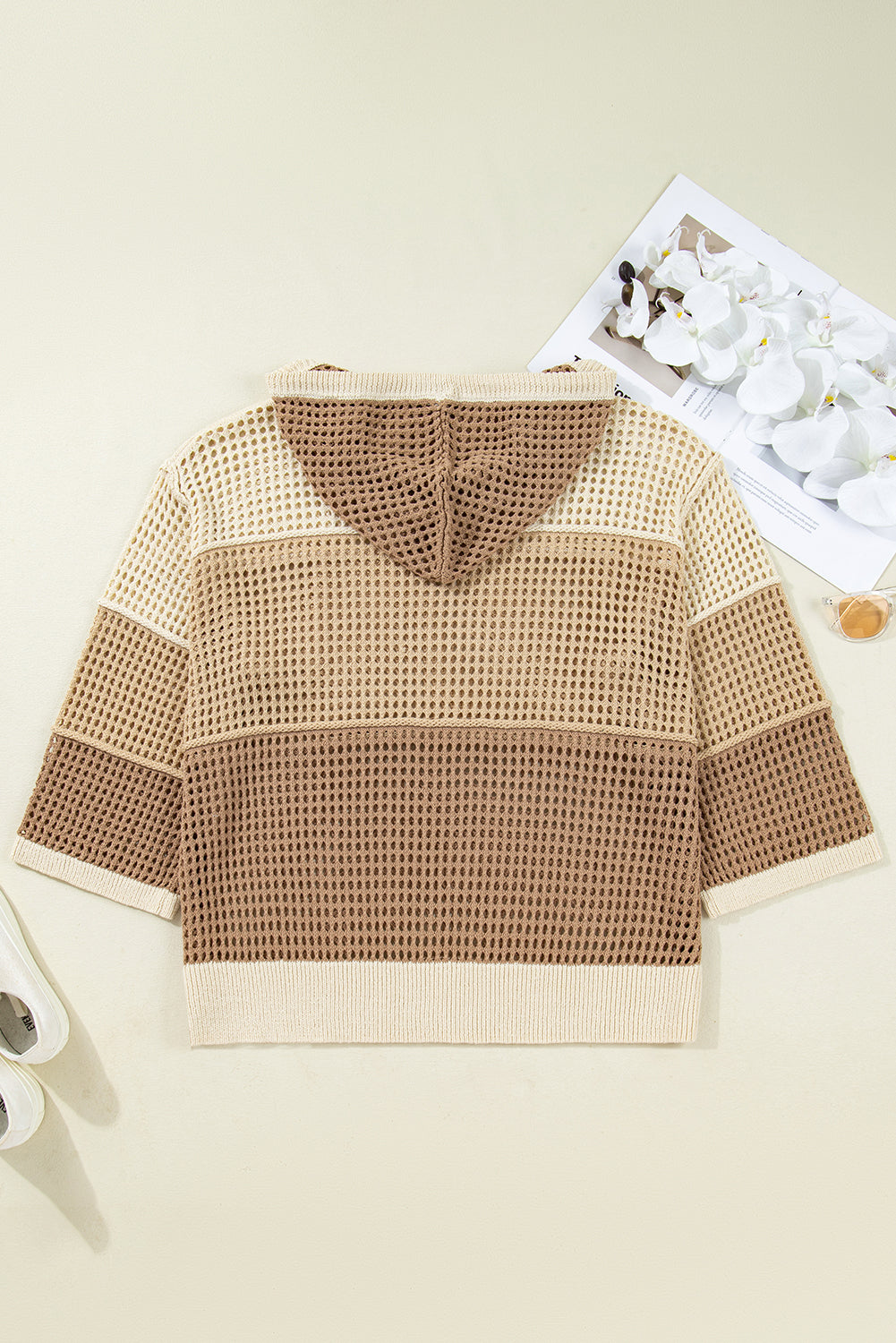 Parchment Colorblock Hollowed Knit Plus Size Hooded Jumper Sweater