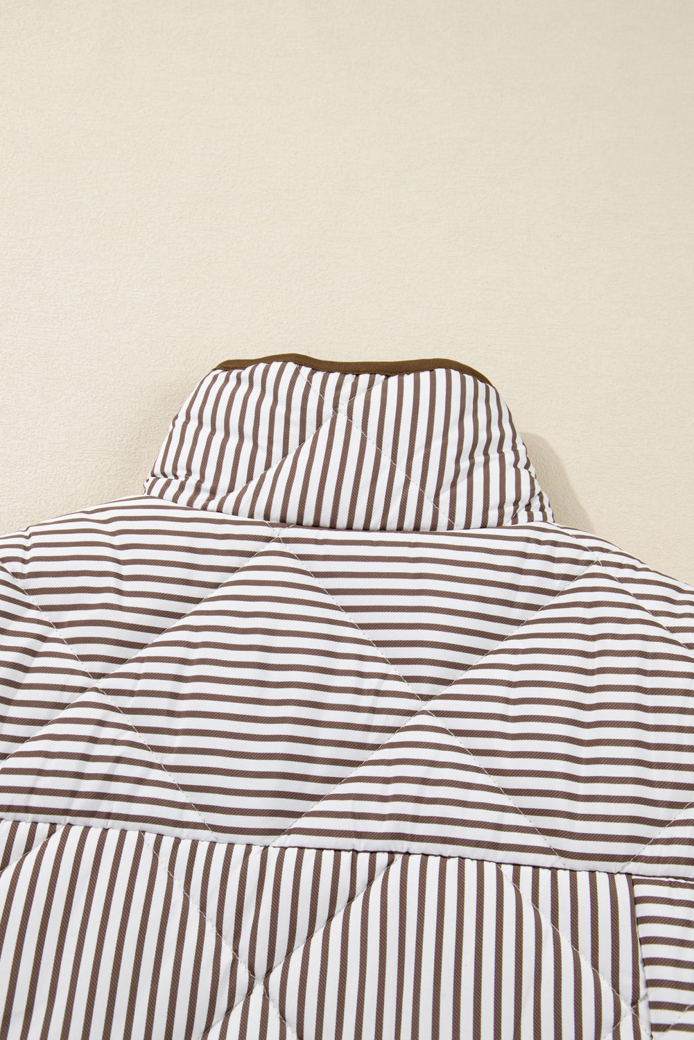 Brown Stripe Quilted Wavy Hem Snap Button Plus Size Vest