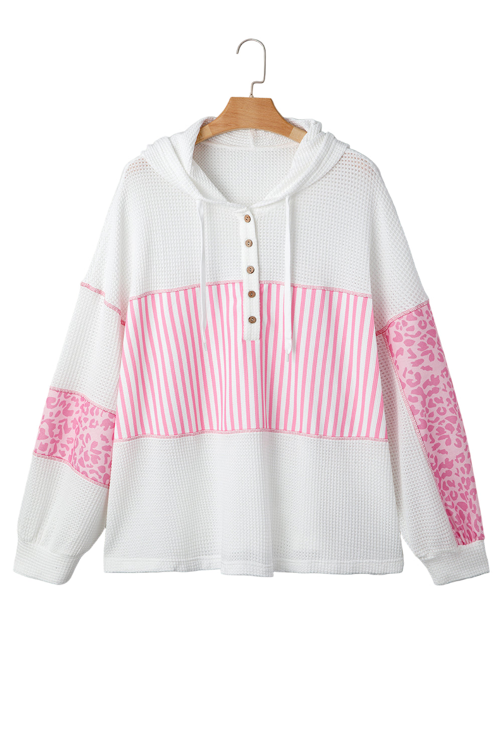Pink Stripe Leopard Patchwork Waffle Knit Buttoned Plus Size Hoodie