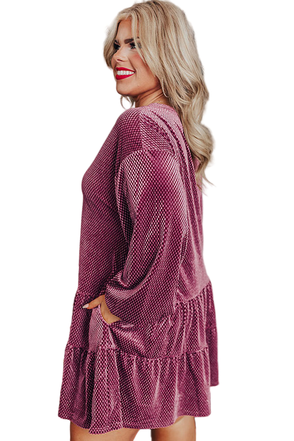 Meadow Mauve Plus Size Textured Velvet Tiered Buttons Tiered Dress