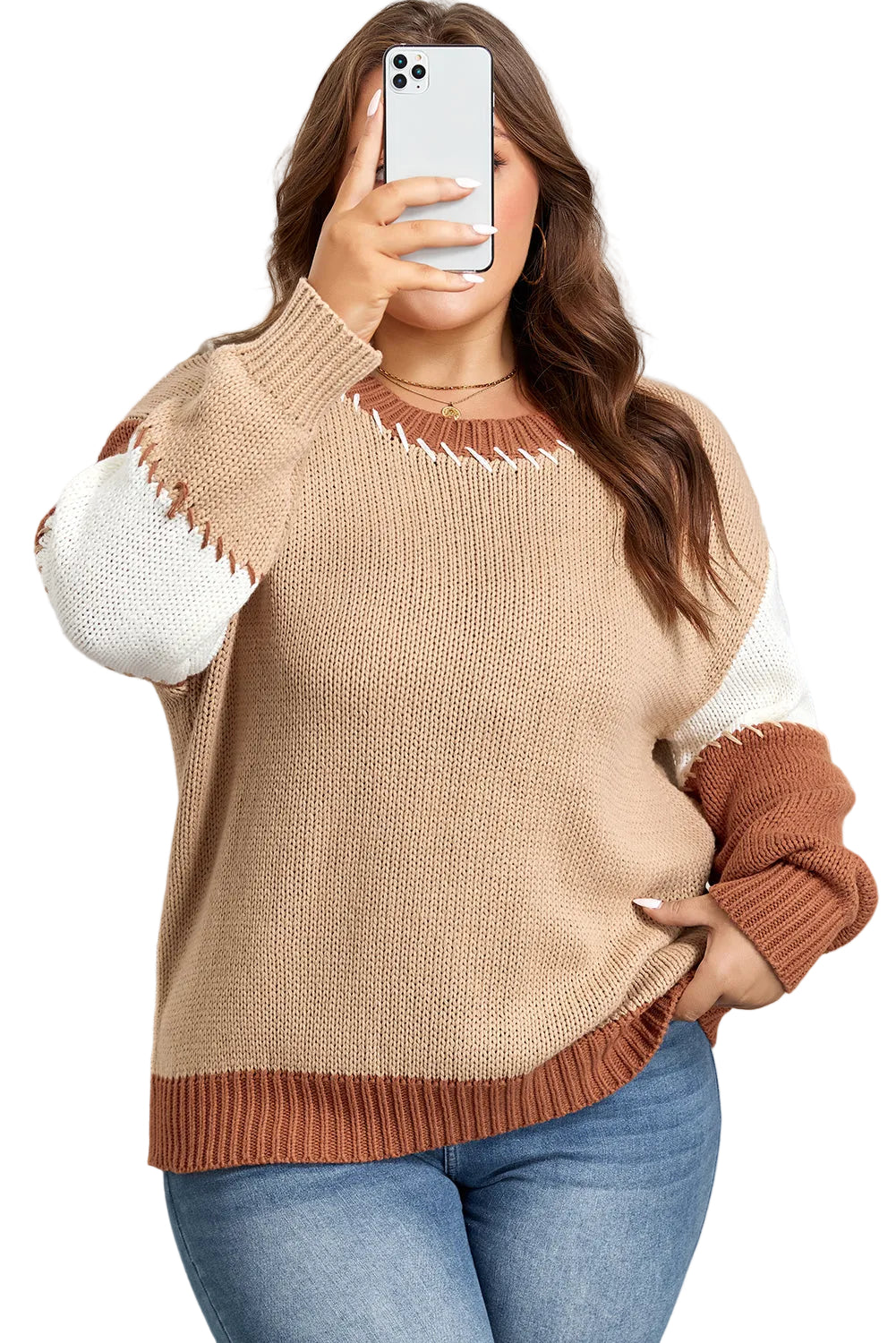 Plus Size Colorblock Knit Contrast Stitch Crewneck Sweater