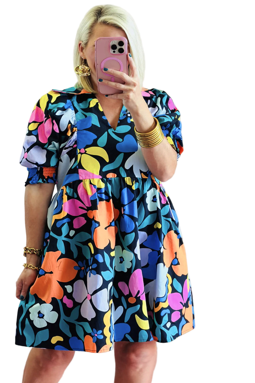 Blue Split Neck Collared Plus Floral Dress